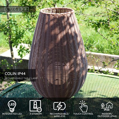 Lucide COLIN IP44 - Rechargeable Table lamp Indoor/Outdoor - Battery pack- LED 3 StepDim - 1x3W 3000K - IP44 - Natural